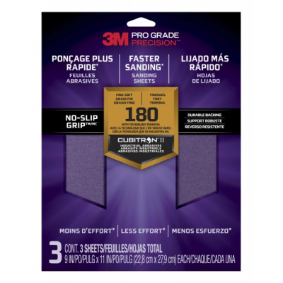 3M Pro Grade Precision Pack de 3 Hojas de Lijado - Grano 180 Fino - 22.8x27.9cm - Rendimiento Superior - Reduccion de Fatiga - Color Lavanda