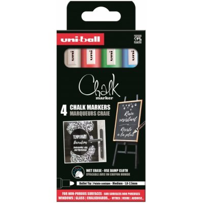 Uni-ball Chalk PWE-5M Pack de 4 Marcadores de Tiza Liquida - Punta Conica 1.8-2.5mm - Borrado en Humedo - Resistente a la Lluvia y Exteriores - Colores Blanco, Rojo, Azul y Verde