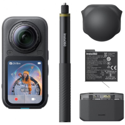 Cámara Digital Deportiva Insta360 X6 Pack Essential/ 8K/ Ángulo de visión 360º/ Negra/ Incluye Stick, 2x Baterías, Bolsa y Capuchón de Lente