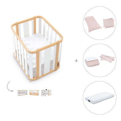 Minicuna-cuna (4en1) madera/blanca + colchón + textil Cremarosa · Crea Plus Tre Life