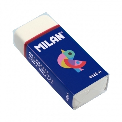 Milan 4020A Goma de Borrar Rectangular - Miga de Pan - Suave - Caucho Sintetico - Faja de Carton Azul - Dibujos Surtidos - Color Blanco