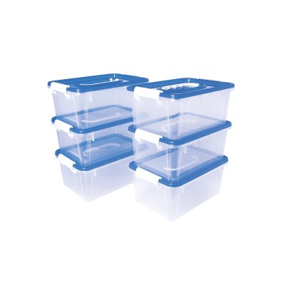 Jovi Pack de 6 Baules para Almacenaje Escolar 280x190x130mm - Ideal para Material Escolar y Juguetes - Facil de Apilar - Cuerpo Transparente con Tapa Azul