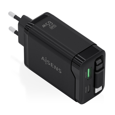 AISENS - CARGADOR GaN 65W, 1xUSB-C CABLE RETRACTIL, 1xUSB-C PD3.0, 1xUSB-A QC3.0, NEGRO