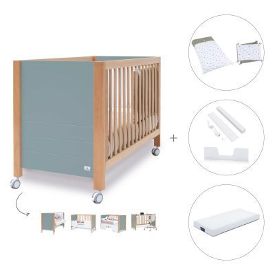 Cuna colecho madera/eucalipto (5en1) 60x120 cm + colchón + textil Espuma do mar · Ombra