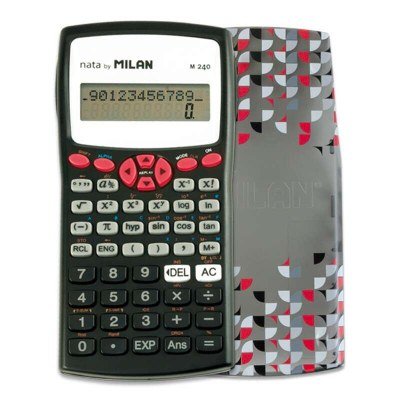 Milan M240 Calculadora Cientifica 10+2 Digitos - Pantalla de 2 Lineas - 240 Funciones Integradas Incluyendo 124 Cientificas - Carcasa Protectora Estampada - Color Negro
