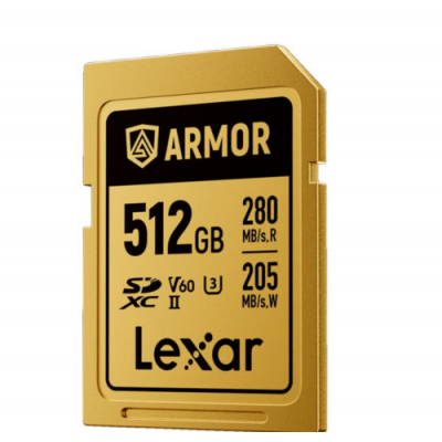 LEXAR 512GB PROFESSIONAL ARMOR GOLD SDXC UHS-II CARDS, UP TO 280MB/S READ 210MB/S WRITE C10 V60 U3,STAINLESS STEEL CASING, IP68