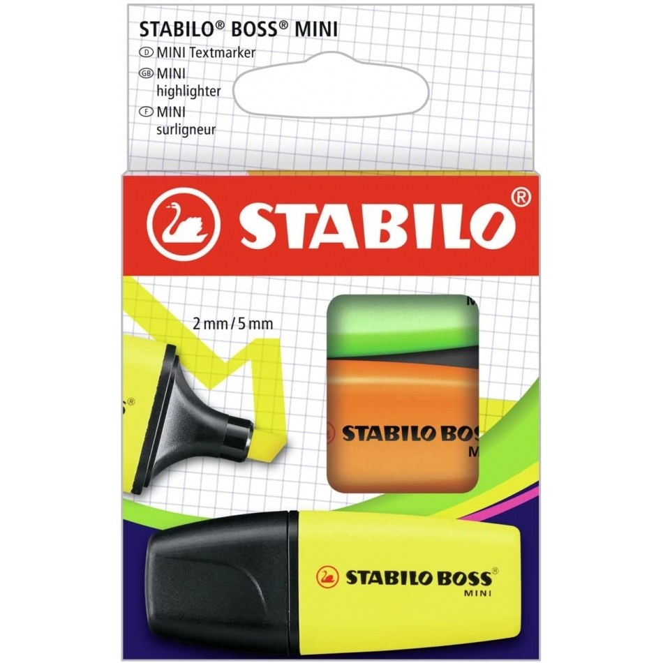 Stabilo Boss Mini Pack de 3 Marcadores Fluorescentes - Trazo entre 2 y 5mm - Tinta con Base de Agua - Antisecado - Colores Surtidos