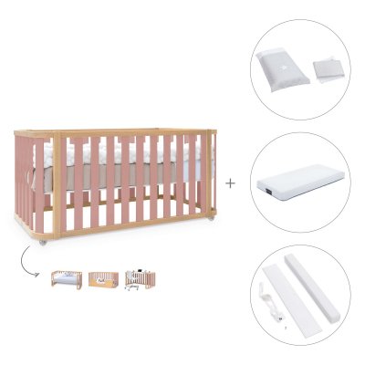Cuna-cama colecho 70x140 cm madera/rosa (4en1) + colchón + textil Galaxy · Crea Plus Due Quarzo Rosa