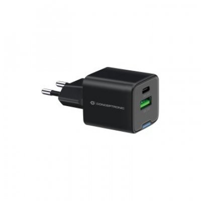 CARGADOR DE PARED CONCEPTRONIC USB-C x1 USB-Ax1 QUICKCHARGE 3.0 GaN PPS 20W COLOR NEGRO