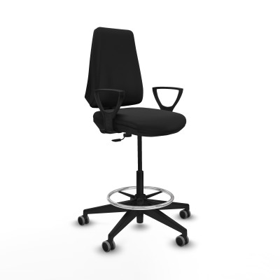 Taburete Elche CP similpiel negro brazos fijos base piramidal ruedas 65mm engomadas