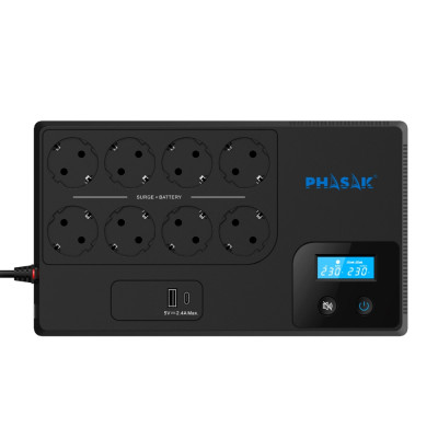 Sai ups phasak 1050va smart home 1kva interactivo avr pantalla lcd carga frontal usb a+c ph 9479