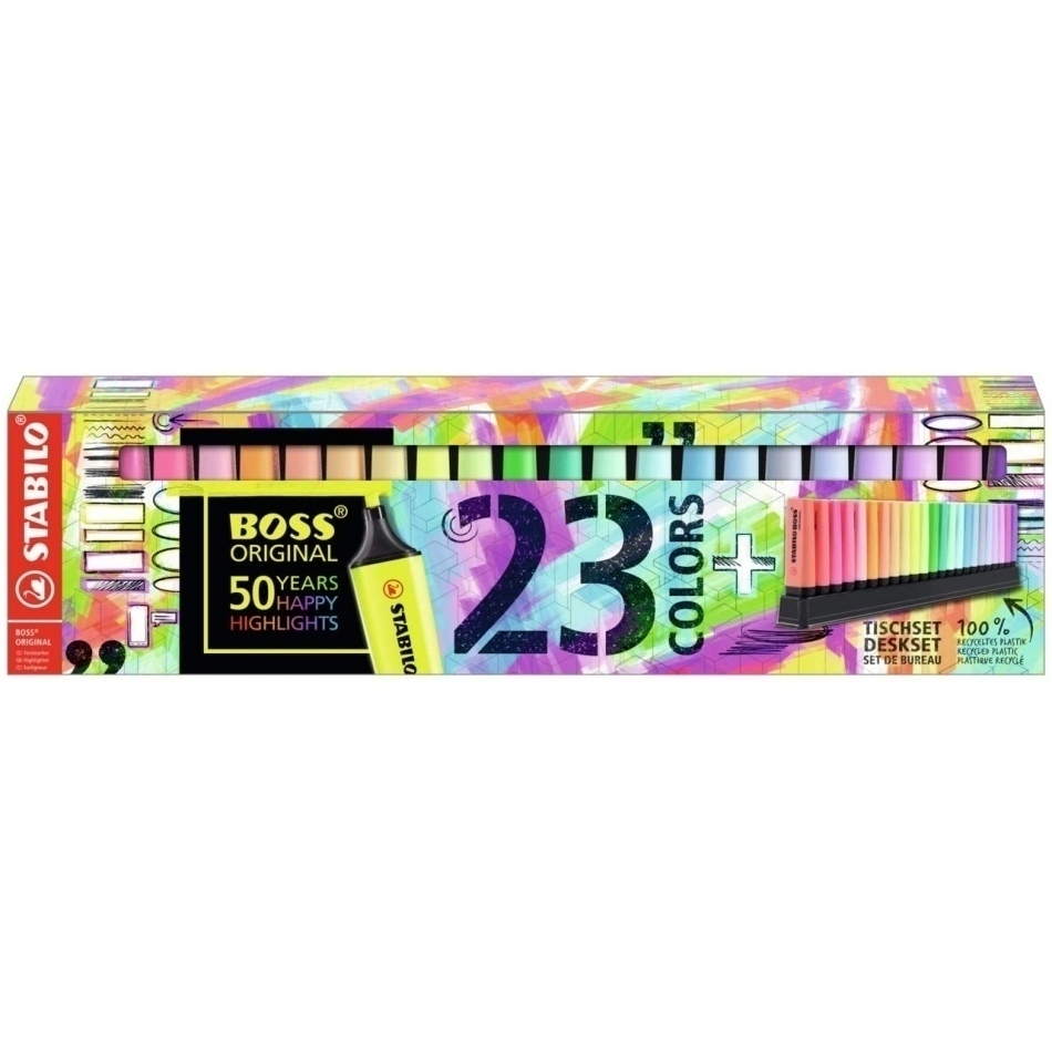 Stabilo Boss 70 Set de Mesa 50º Aniversario de 23 Rotuladores Marcadores Fluorescentes - Trazo entre 2 y 5mm - Recargable - Tinta con Base de Agua - Colores Surtidos