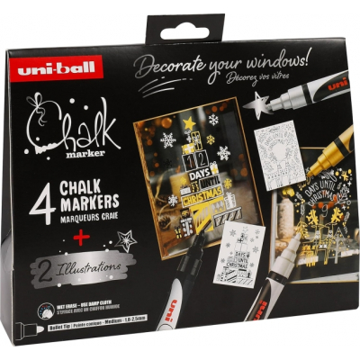 Uni-ball Chalk Colores Escandinavos Pack de 4 Marcadores de Tiza Liquida + Posters - Punta Conica 1.8-2.5mm - Borrado en Humedo - Resistente a la Lluvia - Colores Surtidos