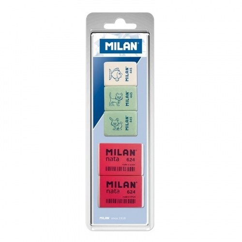 Milan Pack de 5 Gomas de Borrar, 3xGomas 445 Rectangulares + 2xGomas 624 Nata Rectangulares - Plastico - Colores Surtidos