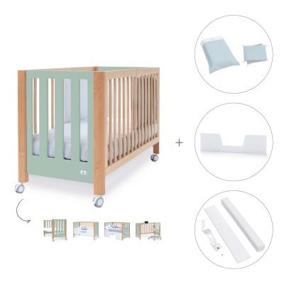 Cuna-escritorio madera/verde-menta (5en1) 60x120 cm + textil Mint · Occa