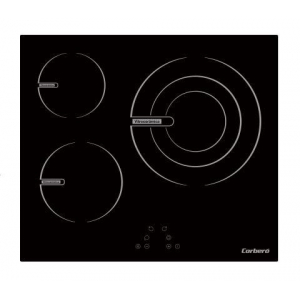 Placa vitrocerámica Corberó CCVG35BF, 3 zonas,  zona grande 28 cm, 9 niveles potencia, control táctil, display LED, bloqueo seguridad, 5700W, cristal negro