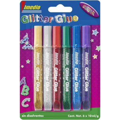 Imedio Glitter Glue Original Pack de 6 Tubos de Pegamento con Brillantina 10ml - Para Distintos Materiales - Tubo Extrablando - Boquilla de Precision - Sin Disolventes - Colores Surtidos