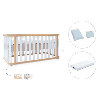 Cuna-cama madera/blanca 70x140 cm (3en1) + colchón + textil Mint · Crea Plus Due Life