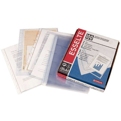 Esselte Pack de 100 Fundas Porta Documentos Multitaladro PP 45 Micras - Tamaño Folio - Tacto Piel de Naranja - Transparente