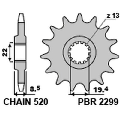 Piñón PBR 14 dientes acero standard paso 520 tipo 2299 2299 14 18NC