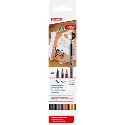 Edding 1340 Brush Pack de 4 Rotuladores - Punta Pincel Flexible - Trazo 1-3mm - Tinta con Base de Agua - Colores Oro, Negro, Gris y Albaricoque