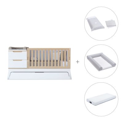Cuna convertible blanco/madera 70x140 cm con cajón inferior + colchón + textil Galaxy · Zen K460