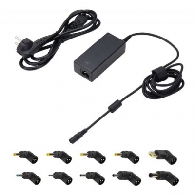 Ewent Cargador Universal para Portatil de 65W - 10 Clavijas Intercambiables - Automatico - Gestion Inteligente de Corriente - Color Negro
