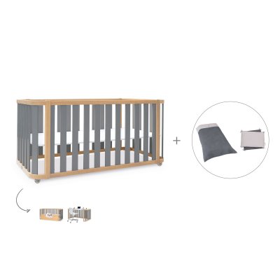 Cuna-cama 70x140 cm madera/gris (3en1) + textil Stone Grey · Crea Plus Due Antracita