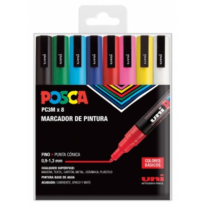Posca PC3M Pack de 8 Marcadores de Pintura - Punta Conica 0.9-1.3mm - Tinta Base al Agua - Resistente a la Luz - No Permanente - Ideal para Carteleria y Decoracion - Colores Surtidos