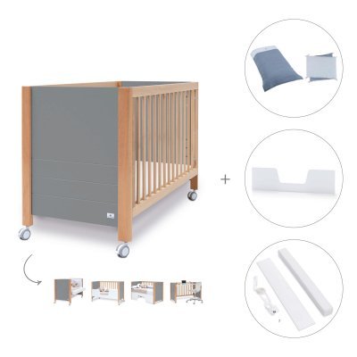 Cuna-escritorio madera/antracita (5en1) 60x120 cm + textil Alba Blu · Ombra
