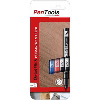 Pentel PenTools Pack de 4 Rotuladores Permanentes Industriales Pentel Pen N50S - Punta Conica Resistente y Duradera - Trazo 1mm - Resistente a Agua y Luz - Colores 2x Negro, Azul, y Rojo