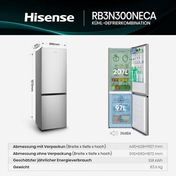Frigorífico combi Hisense RB3N300NECA, 187.3 x 59.5 x 59 cm, Total No Frost, clase A, 108 kWh/año, 35 dB, 304 litros, FreshZone 0°C, inox - imagen 4