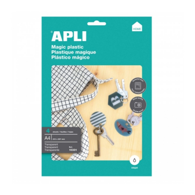 Apli Pack de 4 Hojas de Plastico Magico Imprimible - Apto para Impresoras Inkjet - Transforma Diseños en 3D - Ideal para Colgantes y Llaveros