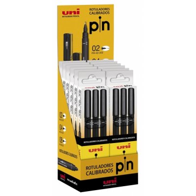 Uni-ball Uni Pin Expositor con 12 Estuches de 3 Rotuladores Calibrados 0.2, 0.4, 0.8 - Punta Poliacetal - Tinta Pigmentada Resistente al Agua y Luz - Ideal para Dibujo Profesional y Escritura - Color