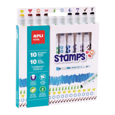 Apli Kids Stamps Pack de 10 Rotuladores con Doble Punta Sello y Rotulador - 10 Colores/Sellos Diferentes - Puntas Bloqueadas de Ø 7.5 mm - Capuchon Anti Asfixia - Colores Surtidos