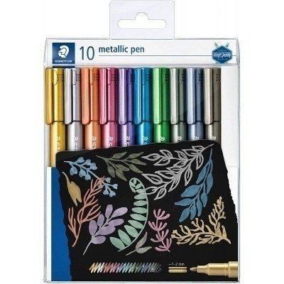 Staedtler Metallic Pen Pack de 10 Rotuladores de Punta Fina - Tinta Base de Agua - Trazo 1 - 2mm Aprox - Colores Surtidos