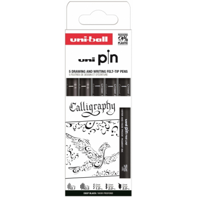 Uni-ball Uni Pin Caligrafia Pack de 5 Rotuladores Calibrados 0.1, 0.5, Chisel 1.0, Chisel 2.0 y Chisel 3.0 - Tinta Pigmentada Resistente al Agua y Luz - Ideal para Dibujo Profesional y Escritura - Col