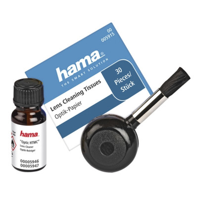Hama Set de Limpieza para Camaras - Cepillo - Soplador - Limpiador Liquido - Hojas de Papel Fino - Incluye Bolsa - Color Negro