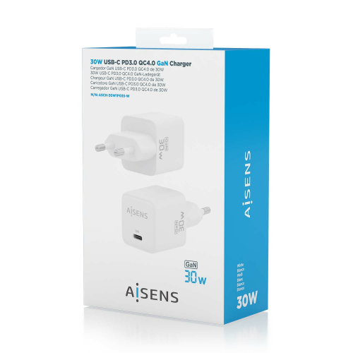 AISENS - CARGADOR GaN 30W, 1xUSB-C PD3.0 QC4.0, BLANCO