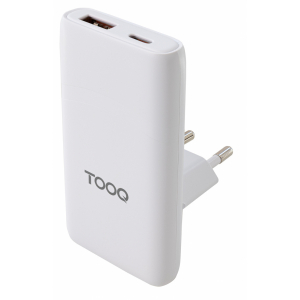 TooQ CARGADOR PARED GaN USB-C/PD+USB-A/QC 65W, BLANCO