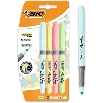 Bic Highlighter Grip Pack de 4 Marcadores Fluorescentes Pastel - Tinta con Base de Agua - Punta Biselada - Trazo entre 1.60 y 3.30mm - Colores Surtidos