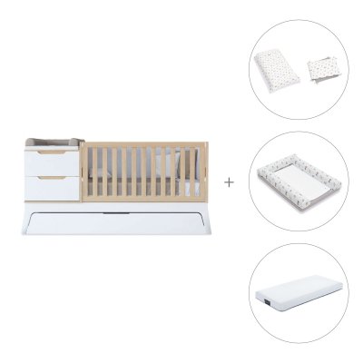 Cuna convertible blanco/madera 70x140 cm con cama nido + colchón + textil Taiga · Zen K460