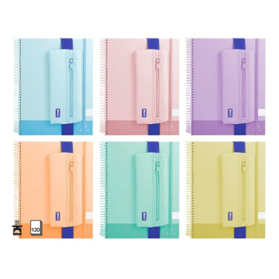 Bismark Pack de Cuaderno Espiral A4 120 Hojas 90grs Cuadricula 5x5 + Portatodo de Neopreno - Hojas Microperforadas - Colores Pastel Surtidos