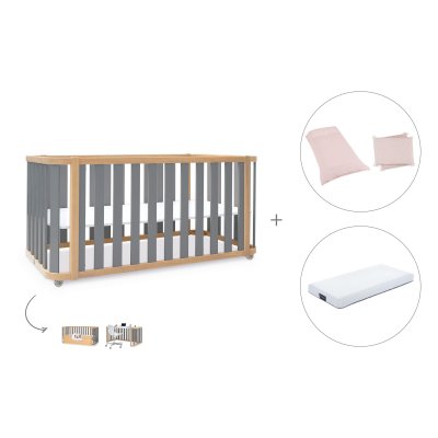 Cuna-cama madera/gris 70x140 cm (3en1) + colchón + textil Cremarosa · Crea Plus Due Antracita