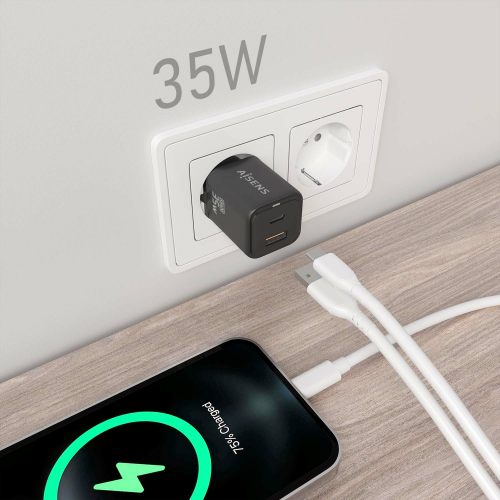 AISENS - CARGADOR GaN 35W, 1xUSB-C PD3.0 QC4.0, 1xUSB-A QC3.0, NEGRO