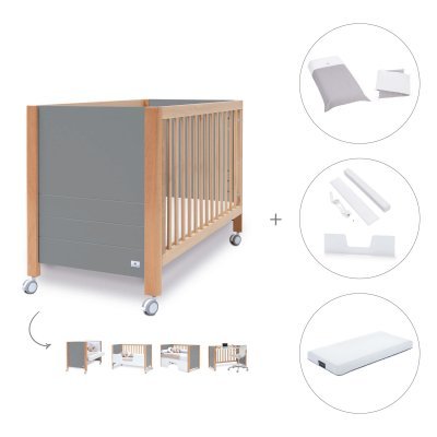 Cuna colecho madera/antracita (5en1) 60x120 cm + colchón + textil Carezza · Ombra