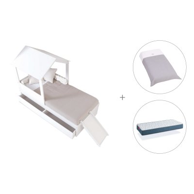 Cama-casita compacta 90x190 cm con cajones + colchón + textil Carezza · Bianca Quattro