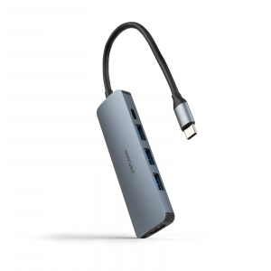 Nanocable HUB USB-C 3xUSB-A+USB-C CARGA+HDMI, GRIS 18 CM