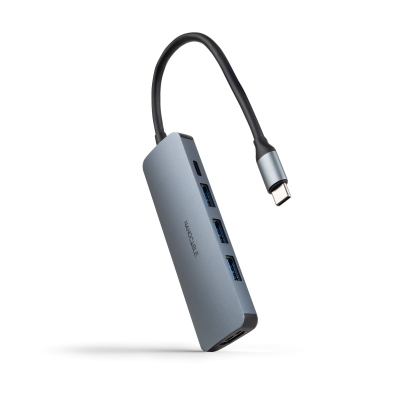 Nanocable HUB USB-C 3xUSB-A+USB-C CARGA+HDMI, GRIS 18 CM