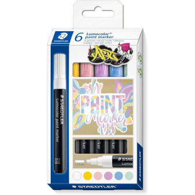 Staedtler Lumocolor 349 Pack con 6 Marcadores Acrilicos Permanentes - Trazo 2.4 mm aprox. - Tinta Base de Agua - Colores Pastel Surtidos